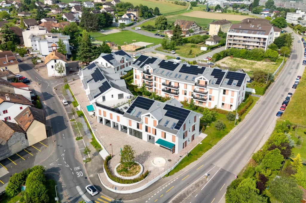Vue aérienne du quartier de la promotion neuve à Denges